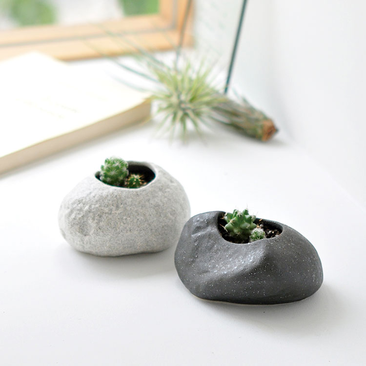日本 聖新陶芸 Rock Stone 石頭造型陶瓷植栽盆器/仙人掌 丸石-白