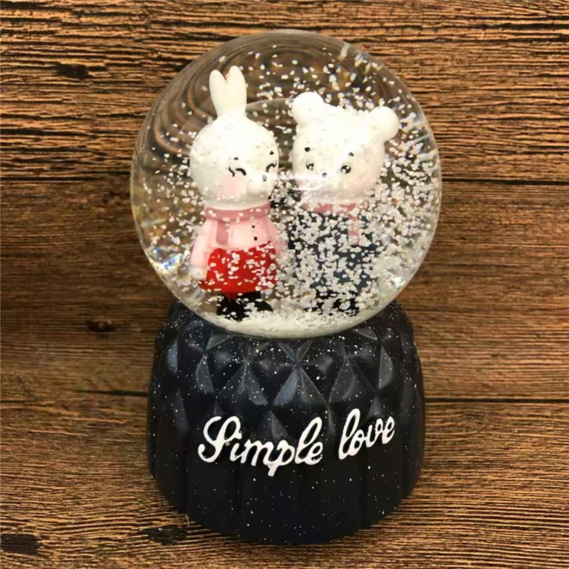 創意小物館 熊兔情侶自動飄雪水晶音樂燈 粉色