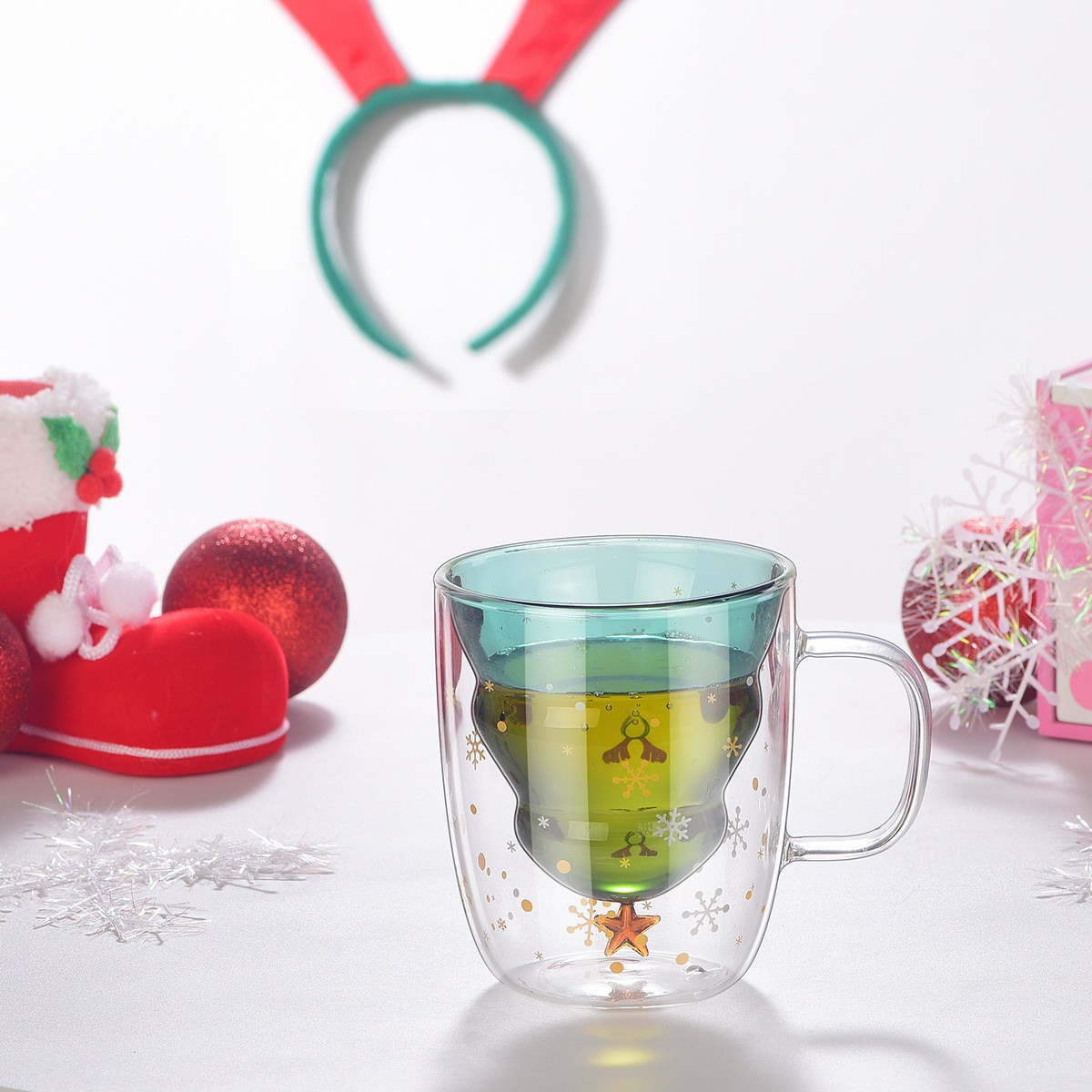創意小物館 浪漫心願聖誕樹帶蓋雙層玻璃杯