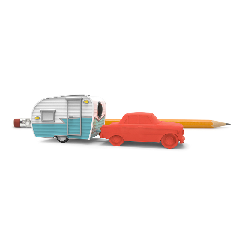 小巧復古的露營車組，涵蓋兩個功能，
一個是手動削鉛筆機和另一個橡皮擦。