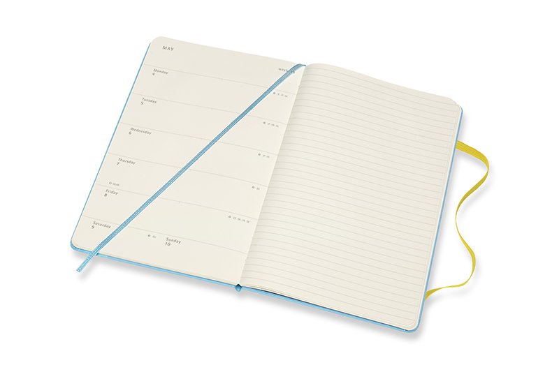 每週以重點式記錄待辦事項與行程規劃，右頁則可寫下詳細的筆記和注意事項。書籤顏色為哆啦A夢身上的代表色。