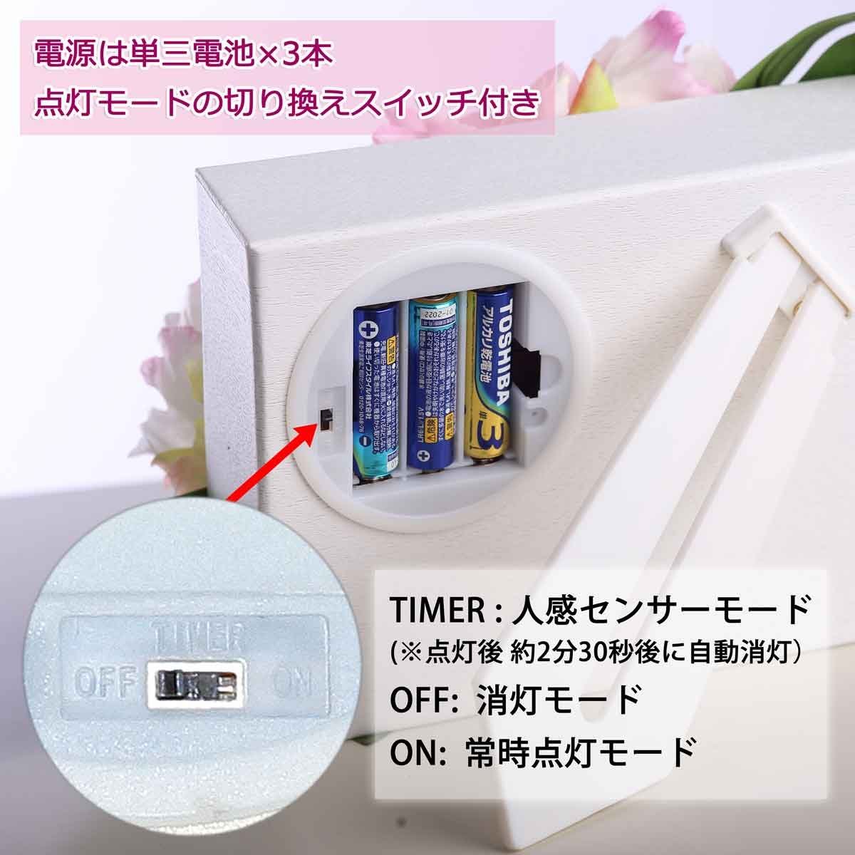 【使用方法 】
1.放置三節3號AA電池
2.有三個操作模式
・ON：開
・TIMER :檢測到人體移動時自動打開，約2分30秒後會自動關避
・OFF：關