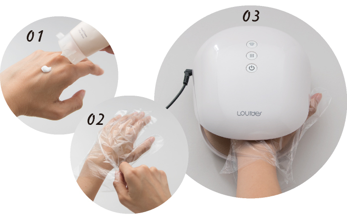 【5 溫熱護理，改善手部乾燥粗糙】
搭配護手霜、乳液及塑膠手套使用
滋潤手部肌膚、鎖水保濕