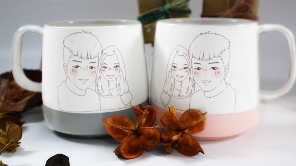 【客製化】陶緣彩瓷 兩角色客製化似顏繪磨砂馬克杯-粉紅