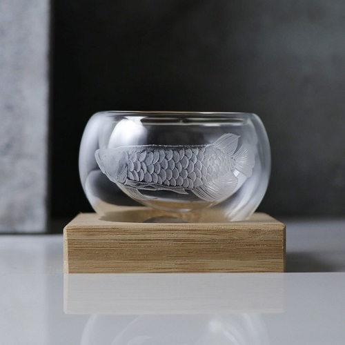 MSA【手工雕刻】50cc【紅龍】手工龍魚雕刻雙層茶杯