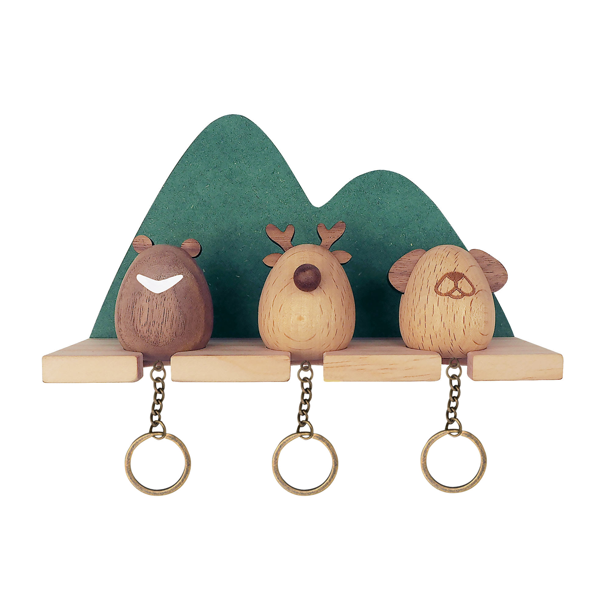 三隻動物分別配戴鑰匙，當你回家時將它歸回山林，同時象徵歸家的你。