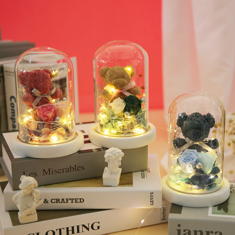 創意小物館 苔蘚小熊永生玫瑰玻璃罩擺飾燈 米色