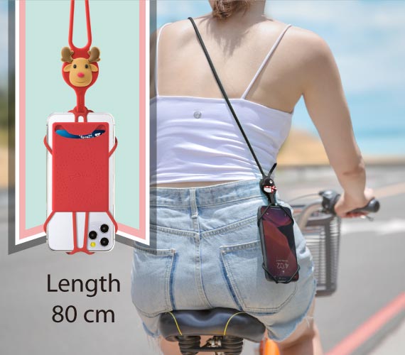 《斜背手機綁二代-卡套》同時用有卡套和手機綁的功能。搭配超彈力矽膠背帶，長度80cm適合斜背使用，束環扣設計可調節背帶長度。柔軟環保矽膠，配戴舒適。