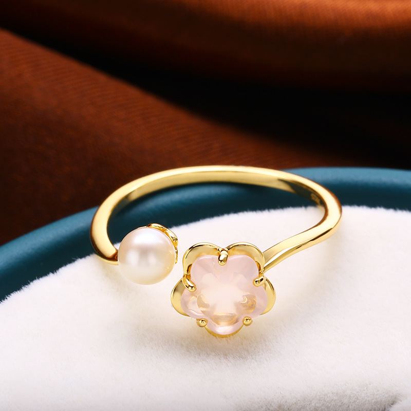 Claire飾品 輕奢鍍金櫻花粉晶珍珠開口戒指