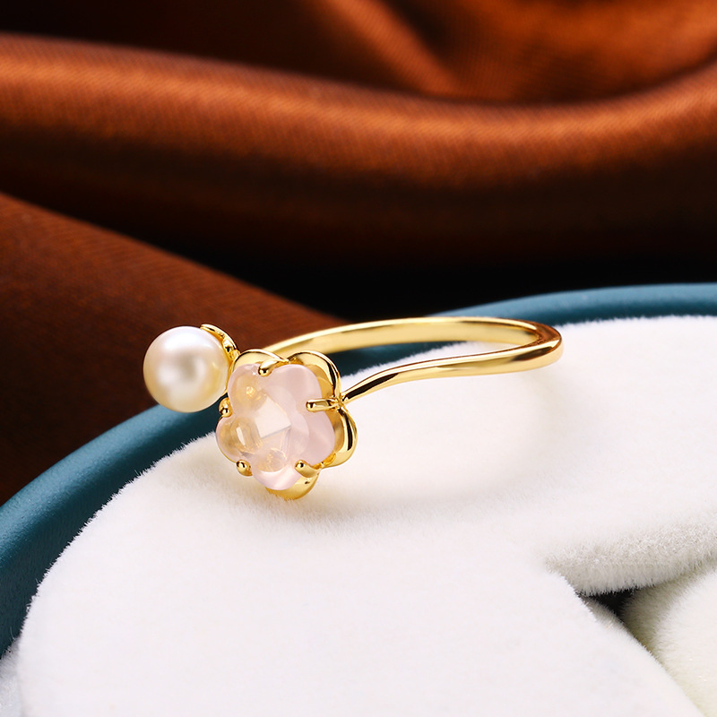 Claire飾品 輕奢鍍金櫻花粉晶珍珠開口戒指