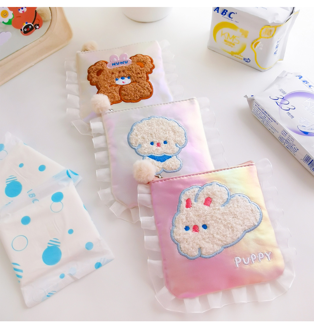 創意小物館 花邊刺繡小熊衛生棉隨行包 小熊
