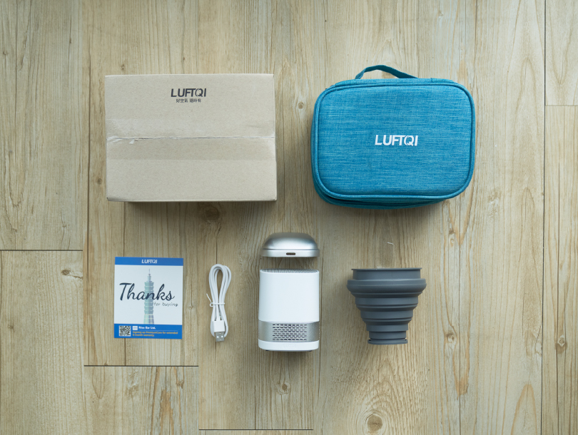 完整包裝：LUFT Duo、1m USB-C電源線、金屬導風帽、汽車置杯架、旅行收納袋、說明保固卡
