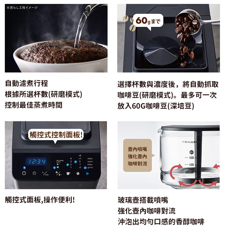 日本 recolte Grind & Brew錐形全自動研磨美式咖啡機 曜石黑