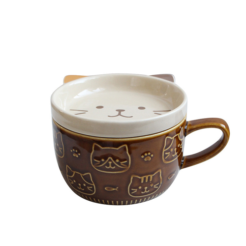 【11/3~12/31冬季85折優惠】家居生活雜貨舖 日式貓咪帶蓋陶瓷馬克杯 三花貓