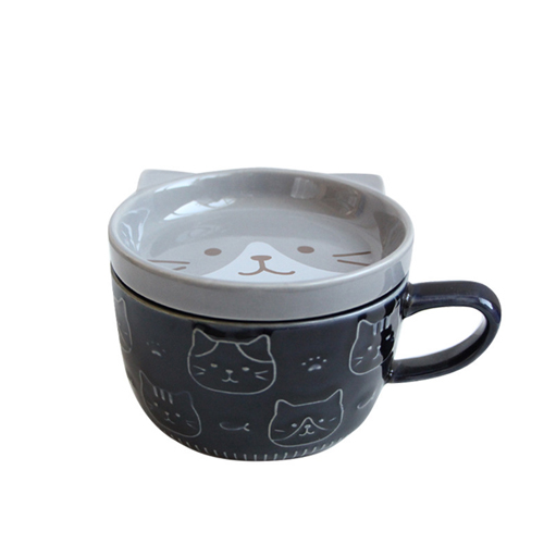 家居生活雜貨舖 日式貓咪帶蓋陶瓷馬克杯 灰貓