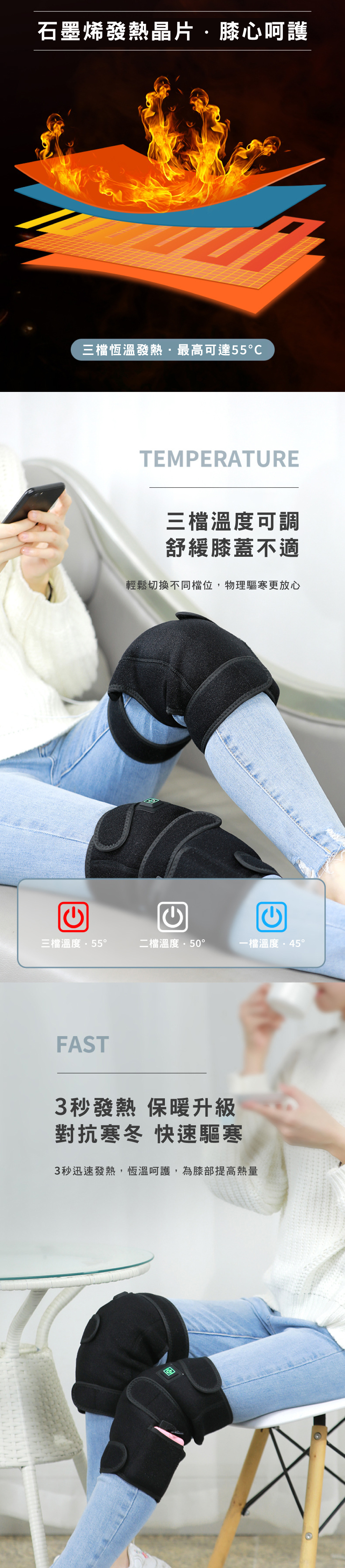 家居生活雜貨舖 USB三檔電熱護膝 (單支販售) 灰色