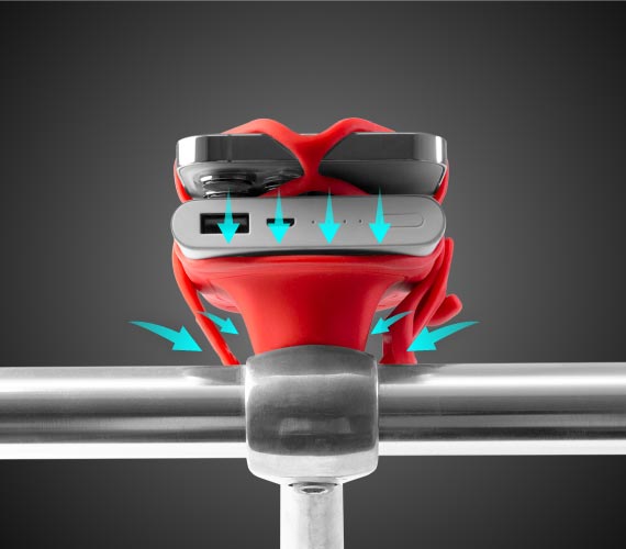 【吸震耐衝擊，保護手機】 矽膠彈性材質吸震耐衝擊，增高處理，適用不同車架立管，保護手機、自行車、行動電源