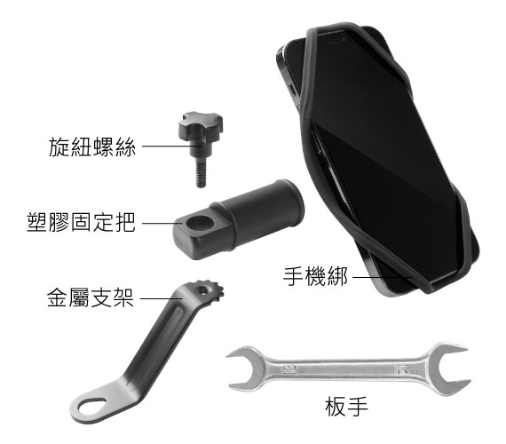 【機車手機架】 手機綁/ 旋紐螺絲/ 塑膠固定把/ 金屬支架/ 板手