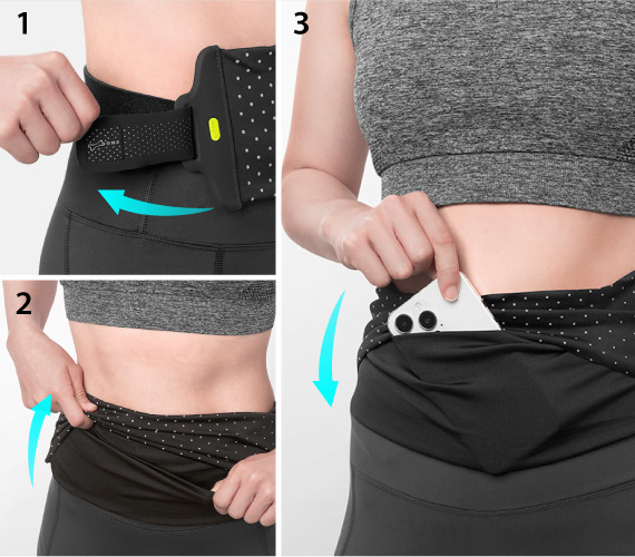 【穿戴三步驟】 步驟1-穿過矽膠環黏貼｜ 步驟2-拉開外層｜ 步驟3-將物品放入內層