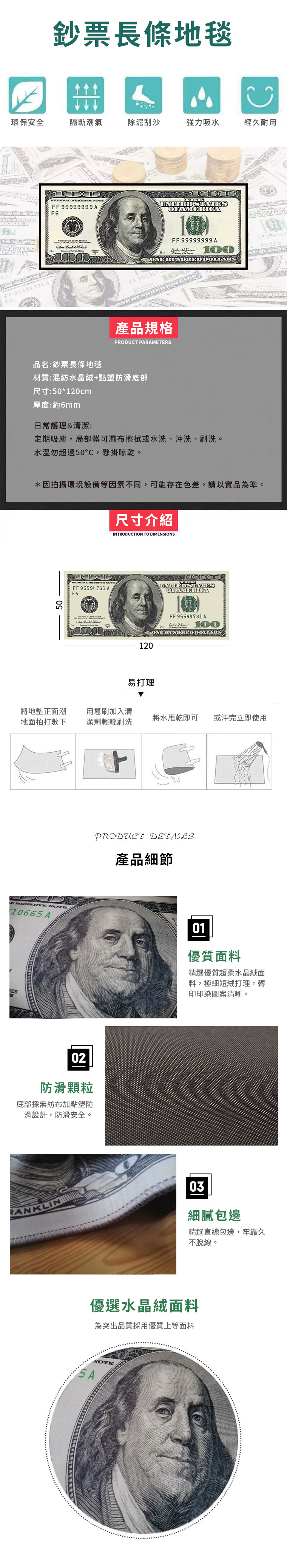 【會計年度現貨出清】家居生活雜貨舖 鈔票長條地毯 50*120cm 100美元背面