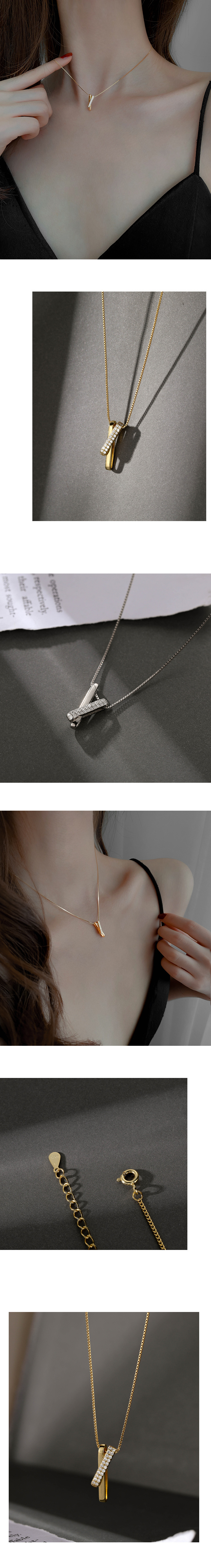 Claire飾品 氣質幾何相扣鋯石項鍊 白金