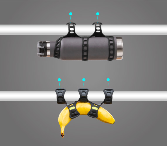 【2點3點隨意綁】 多綁帶結構，正反兩面都可用，2點或3點綁附固定在車管，並將物品放置車管上方或下方