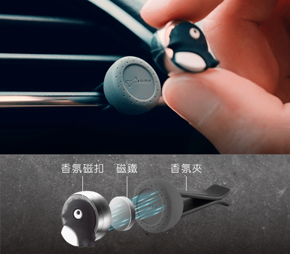 【金屬磁吸，方便固定】 香氛夾+精油香氛磁扣，金屬磁吸設計搭配磁鐵，可快速將香氛磁扣吸附於香氛夾上，變身為車用擴香夾，擴散車內香氣