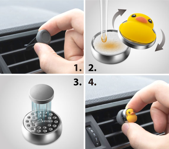 【使用方式】 1. 香氛夾插入汽車出風口｜ 2. 香氛磁扣上下蓋轉開，棉片滴上精油｜ 3. 香氛磁扣下蓋搭配磁鐵｜ 4. 將香氛磁扣磁吸附香氛夾上，變為車用擴香夾