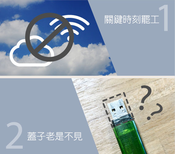 【你還需要隨身碟嗎？】
困擾 1 - 關鍵時刻罷工
困擾 2 - 蓋子老是不見