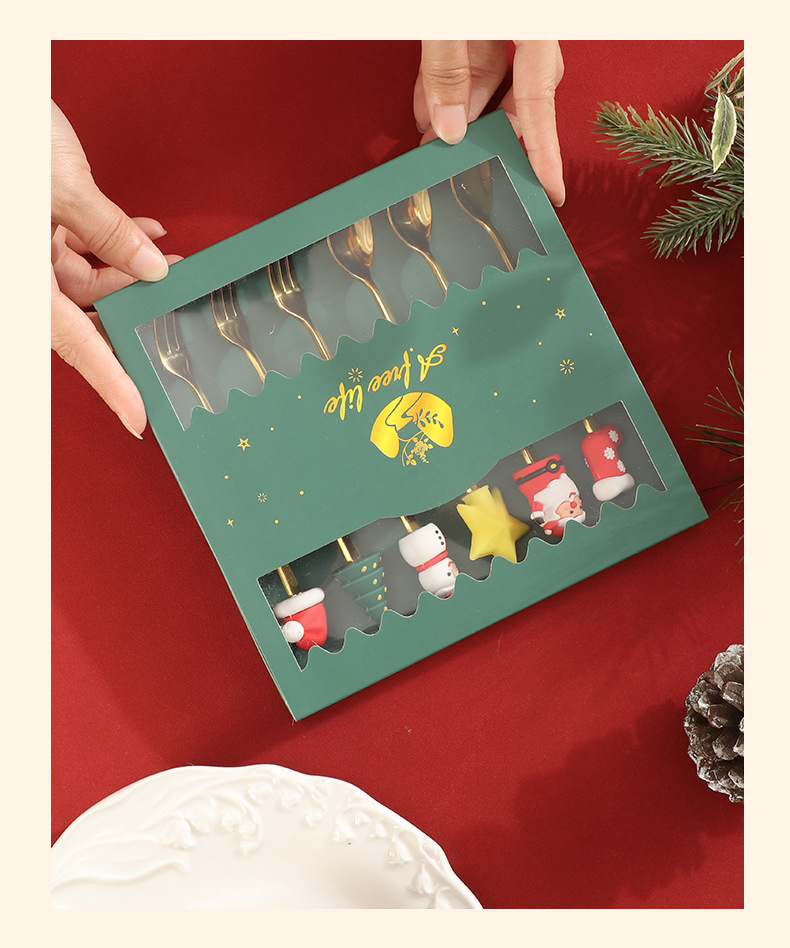創意小物館 聖誕叉勺禮盒組 (6入) 綠盒-銀色