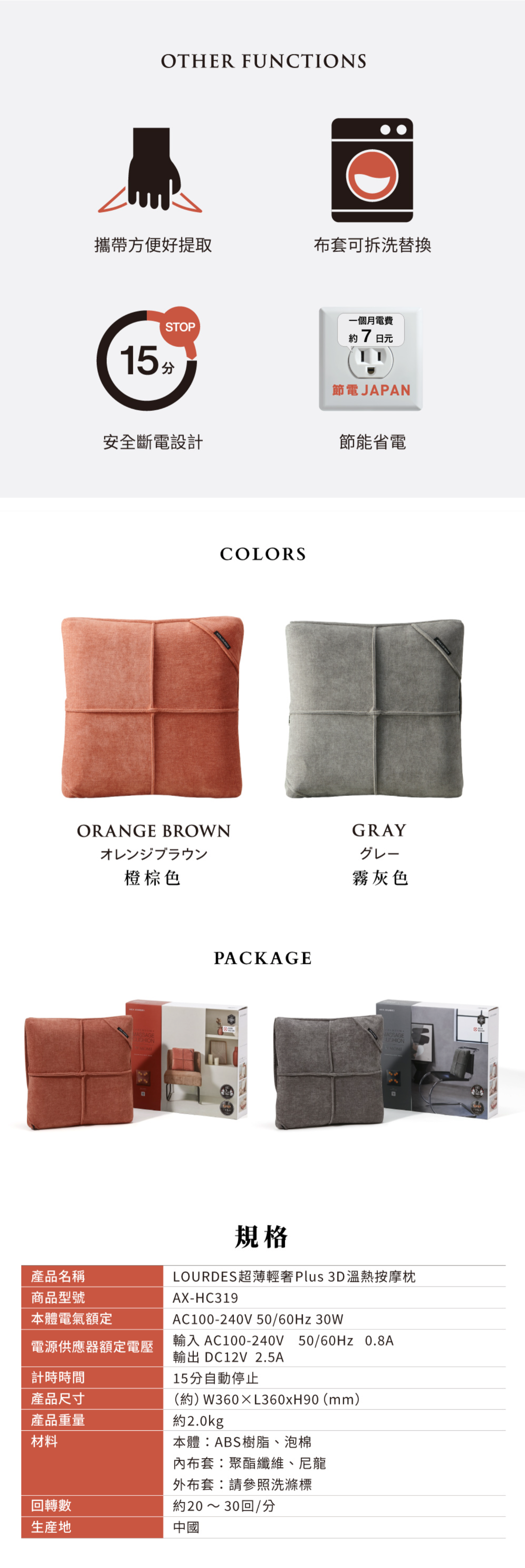 LOURDES 超薄輕奢Plus 3D溫熱按摩枕 AX-HC319(霧灰色)