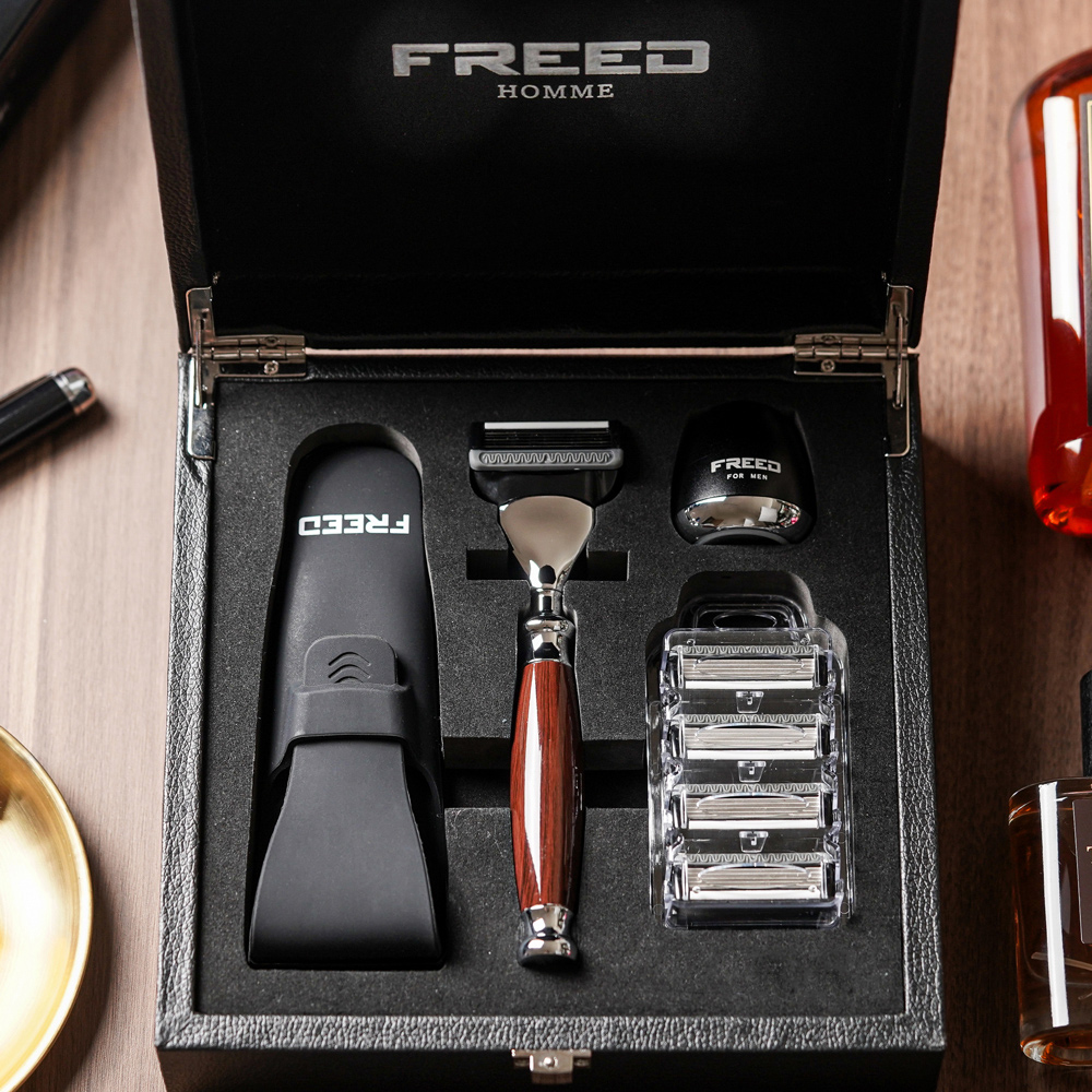 【FREED】 男士輕奢組 - 尊爵四件組五刀刮鬍刀禮盒 +刮鬍露(仿胡桃木+男士極致香氛刮鬍精華露)