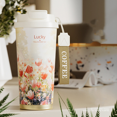 家居生活雜貨舖 花草圖樣陶瓷內膽隨行保溫杯 鬱金香