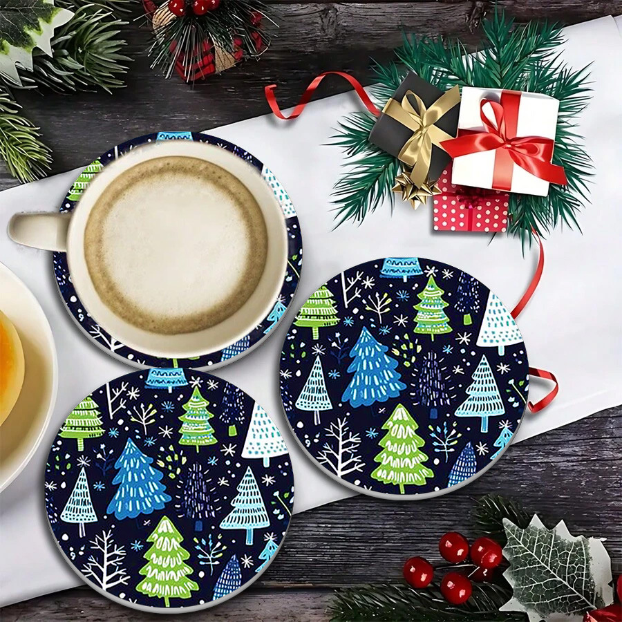 【11/4~12/31聖誕商品B2B優惠】創意小物館 聖誕樹插畫圓形杯墊 (2入)