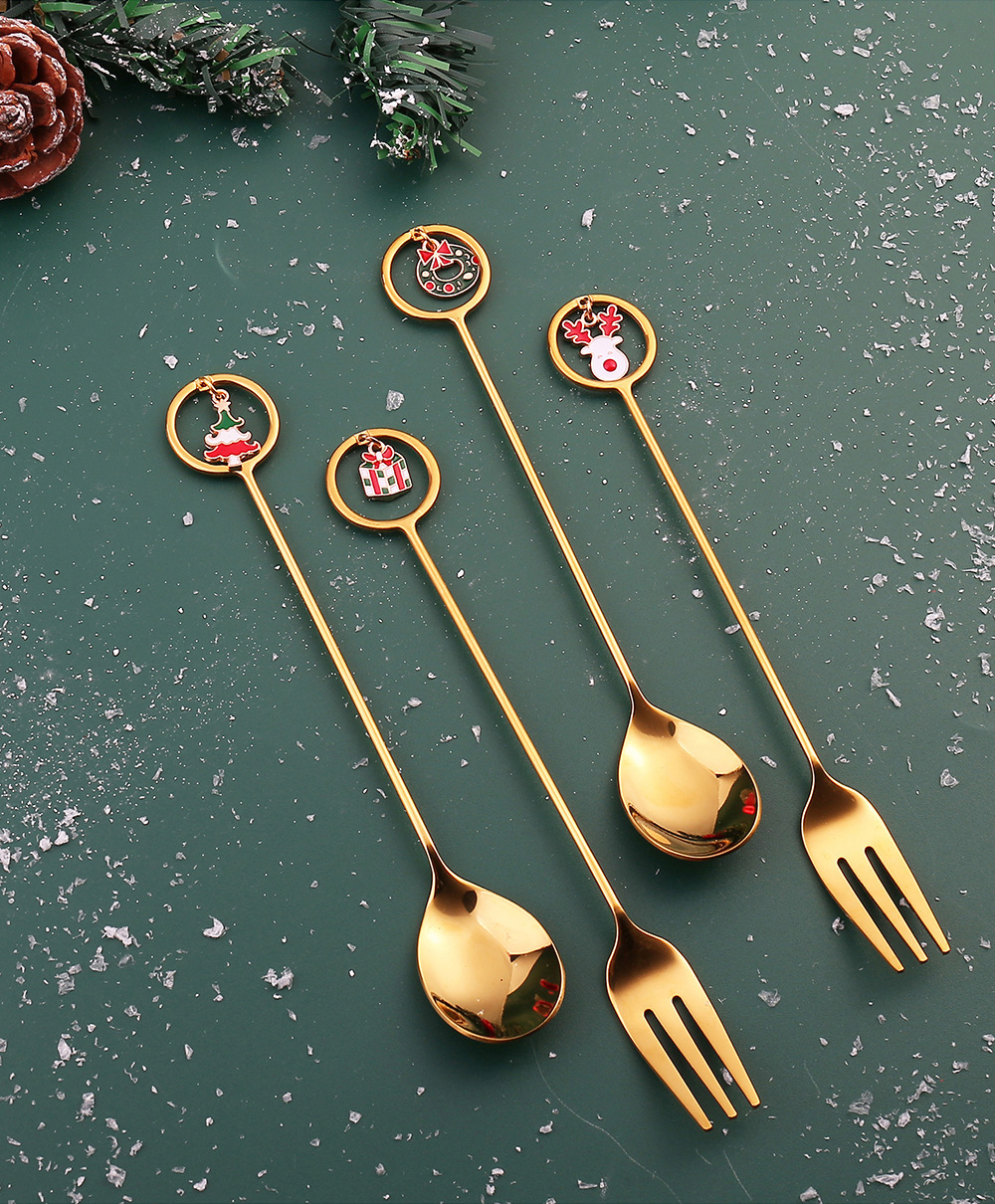 【11/4~12/31聖誕商品B2B優惠】家居生活雜貨舖 聖誕圓環吊墜叉勺禮盒組 (2入) 圓形-聖誕樹