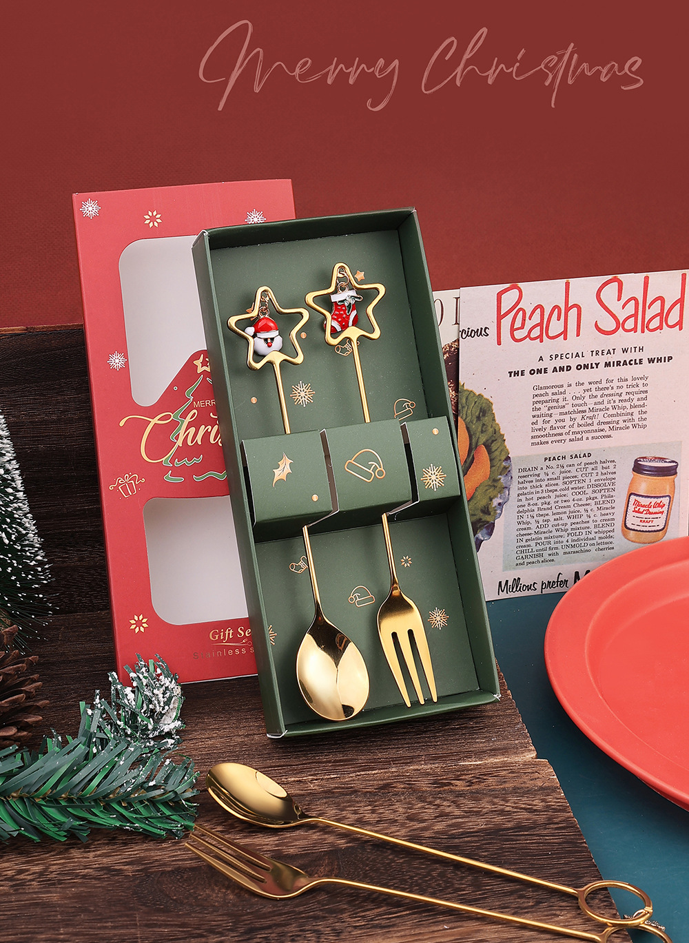 【11/4~12/31聖誕商品B2B優惠】家居生活雜貨舖 聖誕圓環吊墜叉勺禮盒組 (2入) 圓形-聖誕花圈