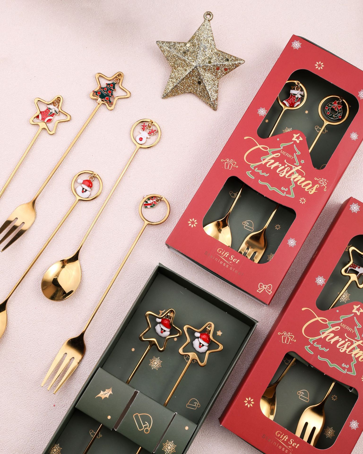 【11/4~12/31聖誕商品B2B優惠】家居生活雜貨舖 聖誕圓環吊墜叉勺禮盒組 (2入) 圓形-聖誕花圈