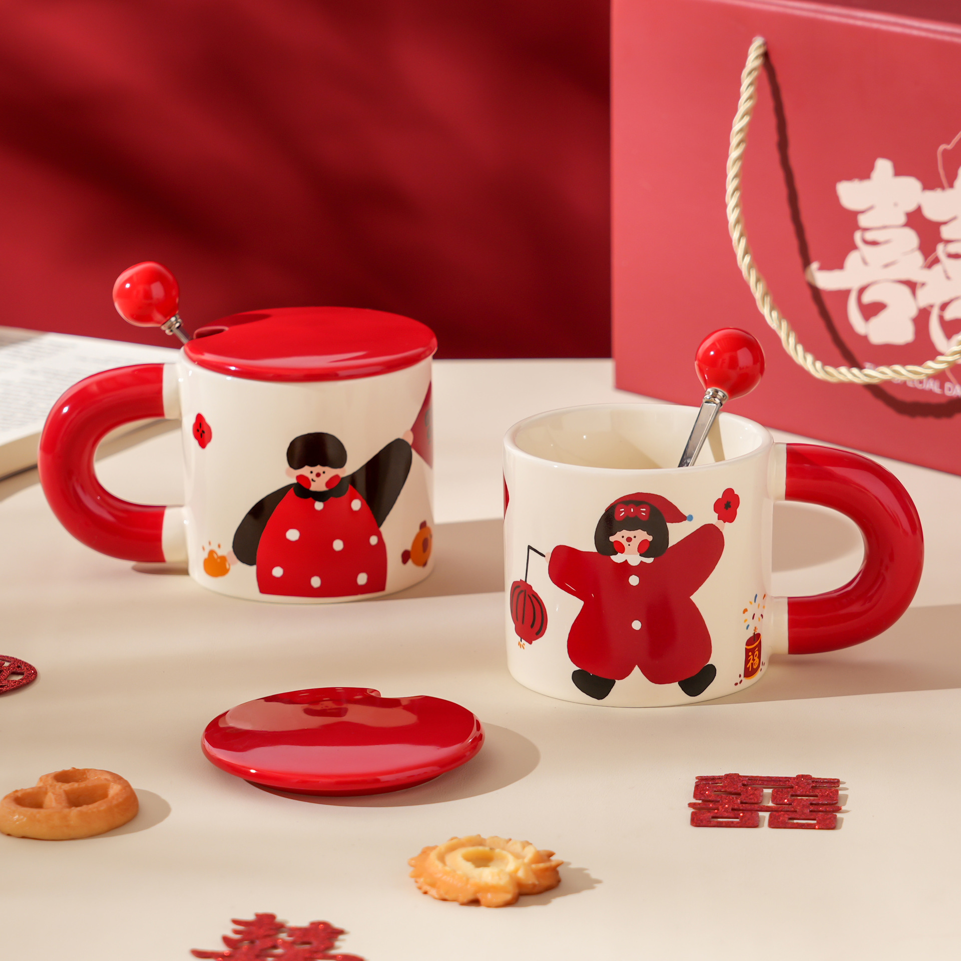 【11/3~12/31秋季85折優惠】創意小物館 喜慶插畫對杯禮盒 燈籠女孩+舉福男孩