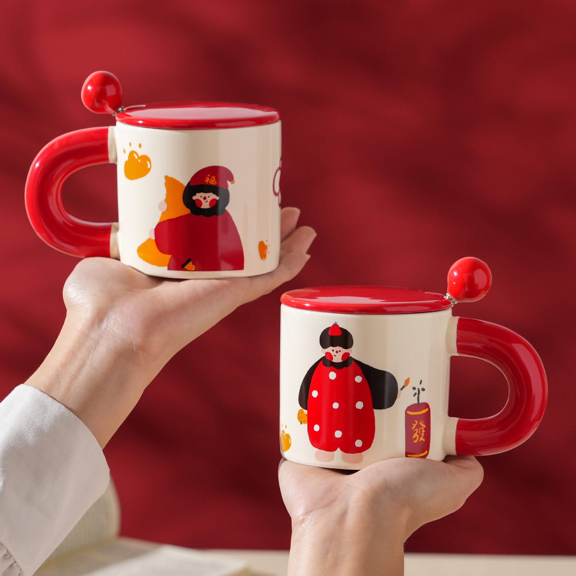 【11/3~12/31秋季85折優惠】創意小物館 喜慶插畫對杯禮盒 燈籠女孩+舉福男孩