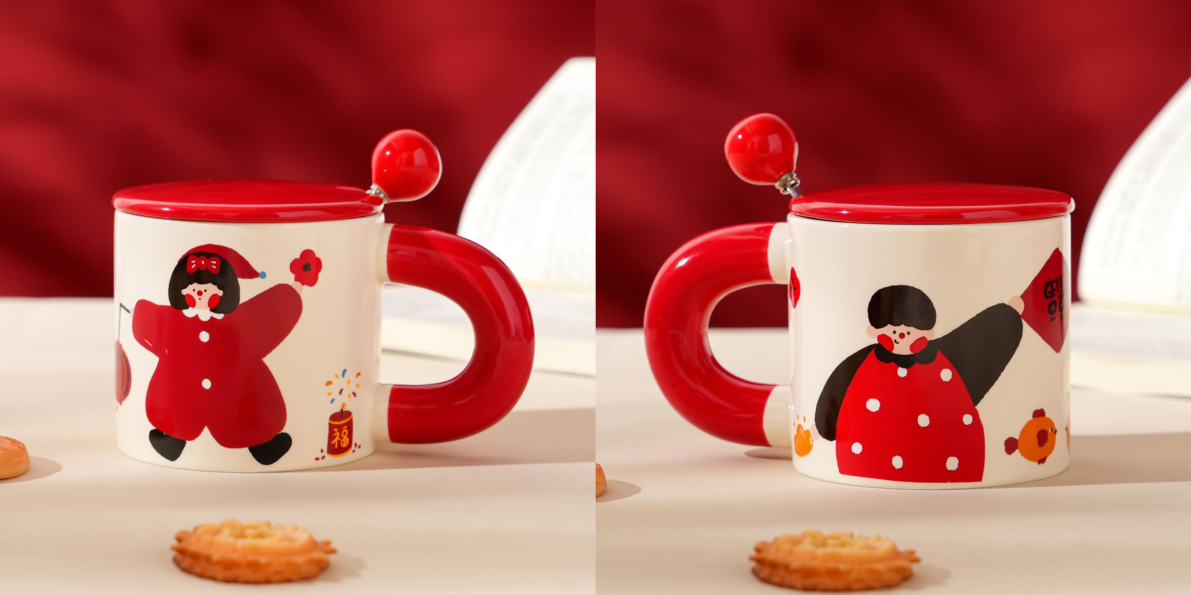 【11/3~12/31秋季85折優惠】創意小物館 喜慶插畫對杯禮盒 燈籠女孩+舉福男孩