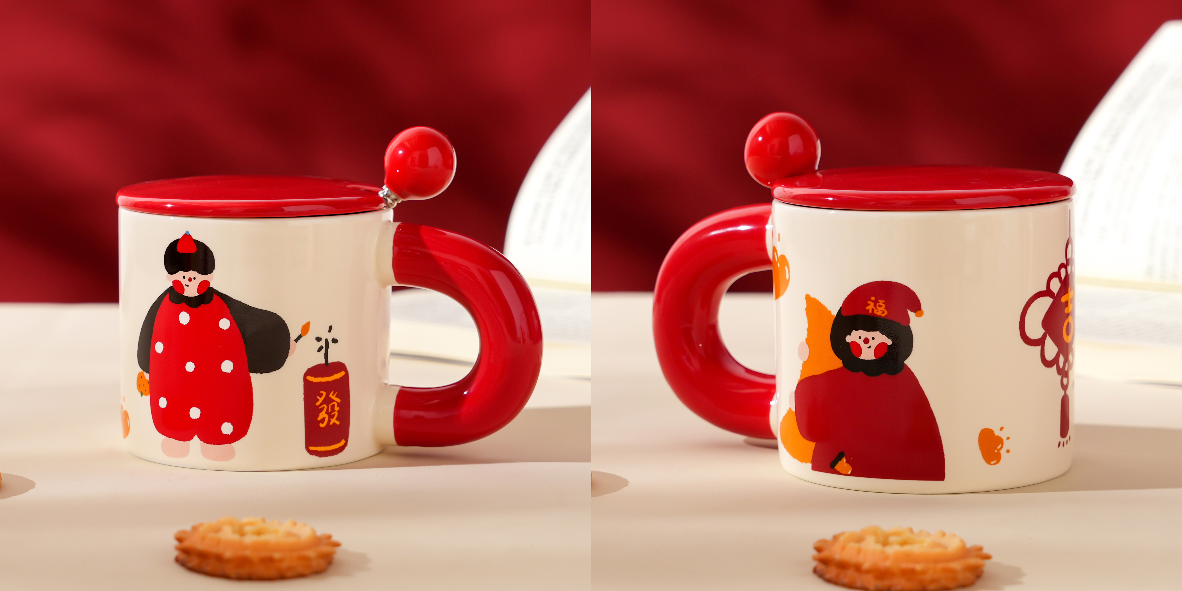 【11/3~12/31秋季85折優惠】創意小物館 喜慶插畫對杯禮盒 月亮女孩+爆竹男孩