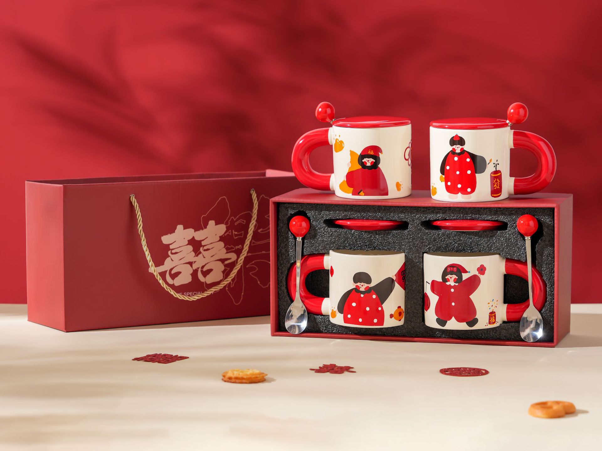 【11/3~12/31秋季85折優惠】創意小物館 喜慶插畫對杯禮盒 月亮女孩+爆竹男孩