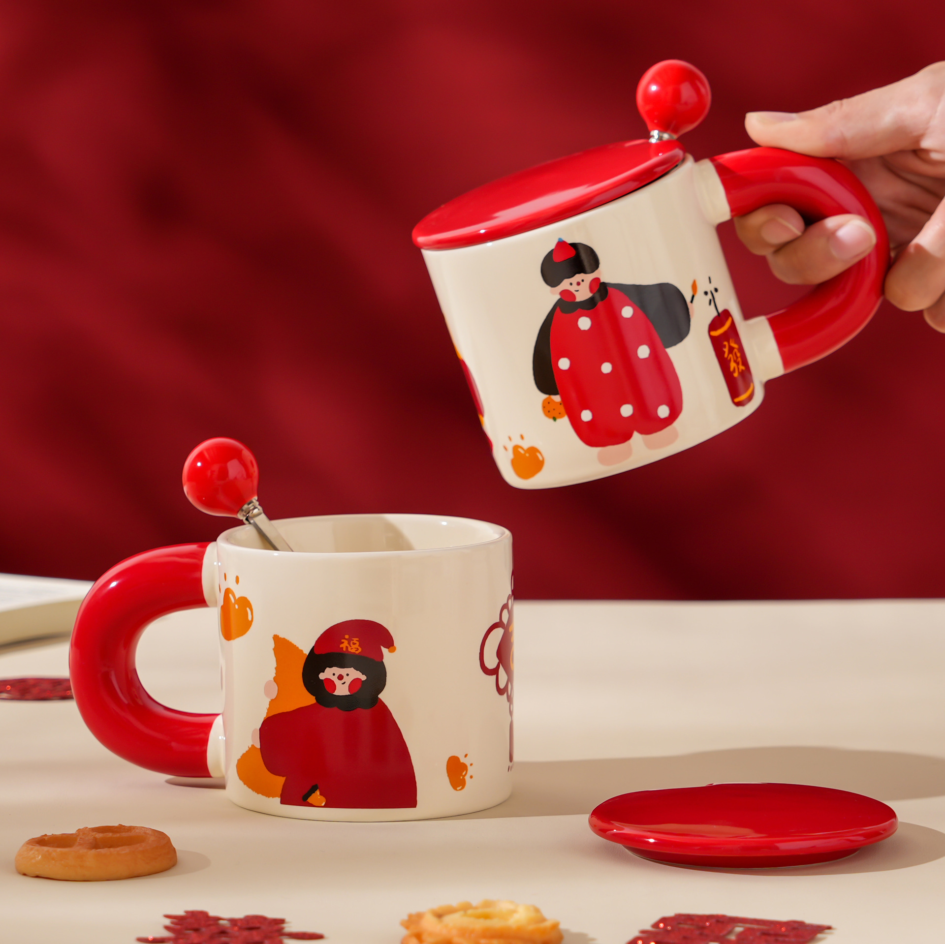 【11/3~12/31秋季85折優惠】創意小物館 喜慶插畫對杯禮盒 月亮女孩+爆竹男孩