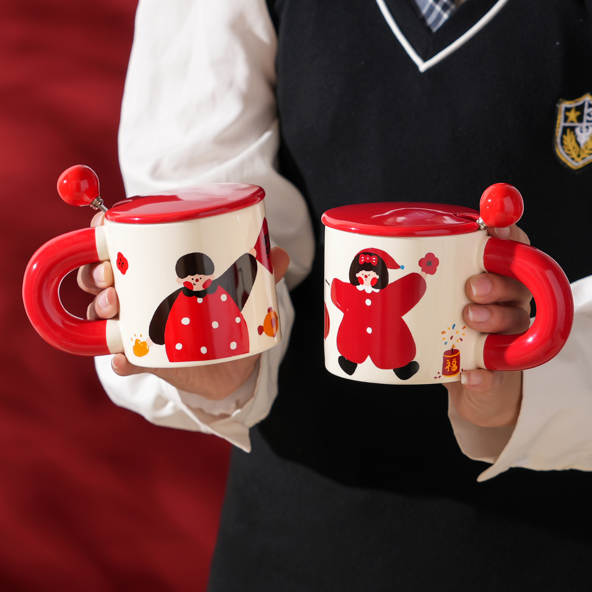 【11/3~12/31秋季85折優惠】創意小物館 喜慶插畫對杯禮盒 月亮女孩+爆竹男孩