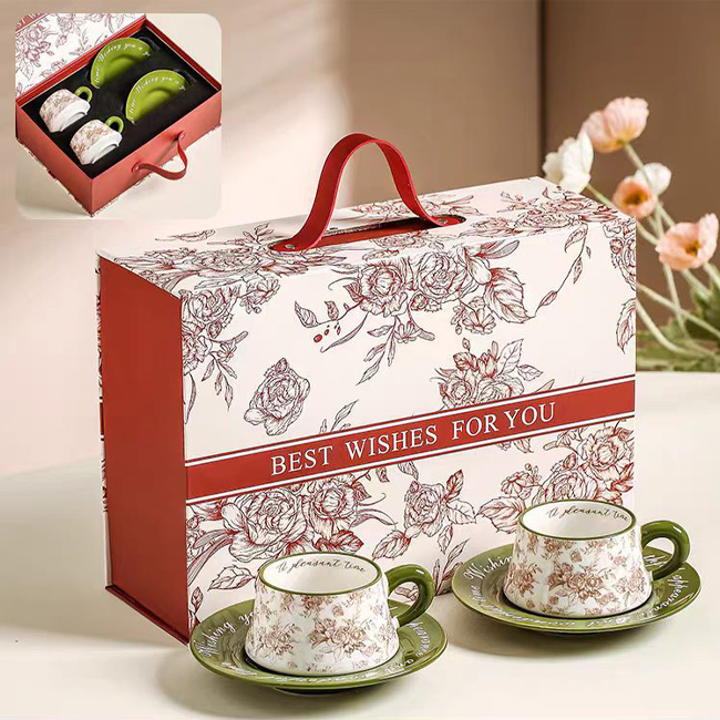 【11/3~12/31秋季85折優惠】家居生活雜貨舖 復古花卉咖啡杯碟禮盒 綠色對杯