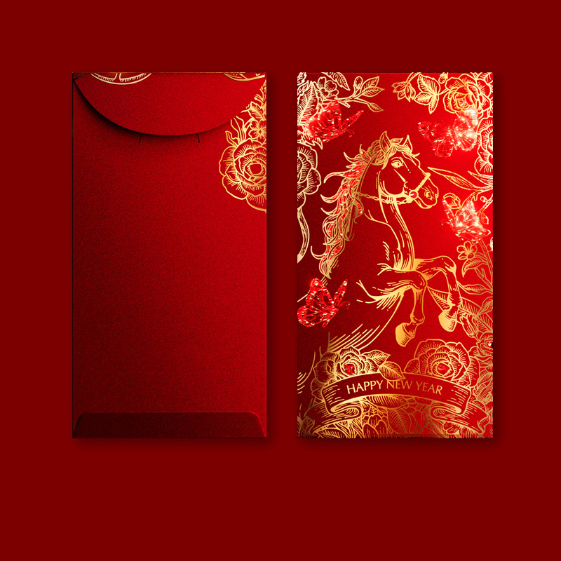 【11/4~12/31聖誕商品B2B優惠】卡片提袋包材館 雙色燙金馬年紅包袋 (一組6入) 錦馬銜花-紅色