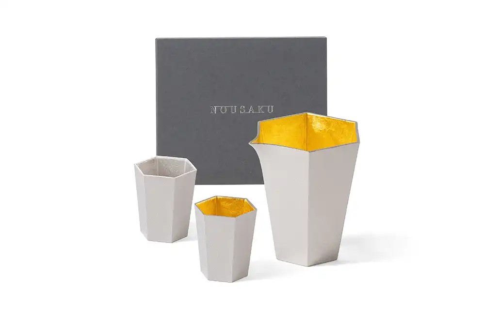 能作 NOUSAKU 金箔六角酒器組(金箔六角片口盅+純錫・金箔對杯)