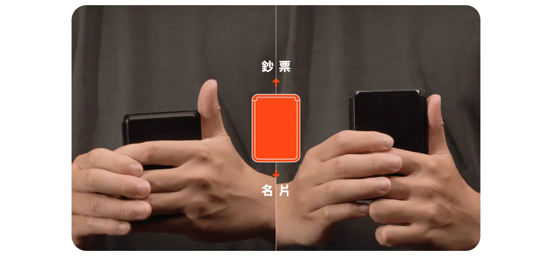 將折疊好的鈔票放入快取鈔票名片夾中，從內側往下方推動，

即可一次推出一張名片，向上推動即可將鈔票取出。