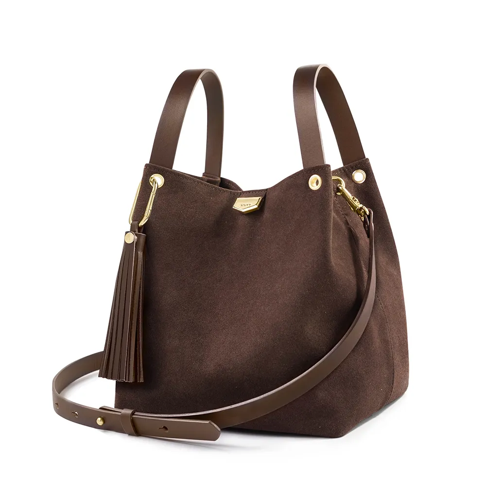 ADOLE Lab流蘇麂皮/ 可調式棉織帶小水桶包 可可色(加贈內袋、流蘇吊飾)