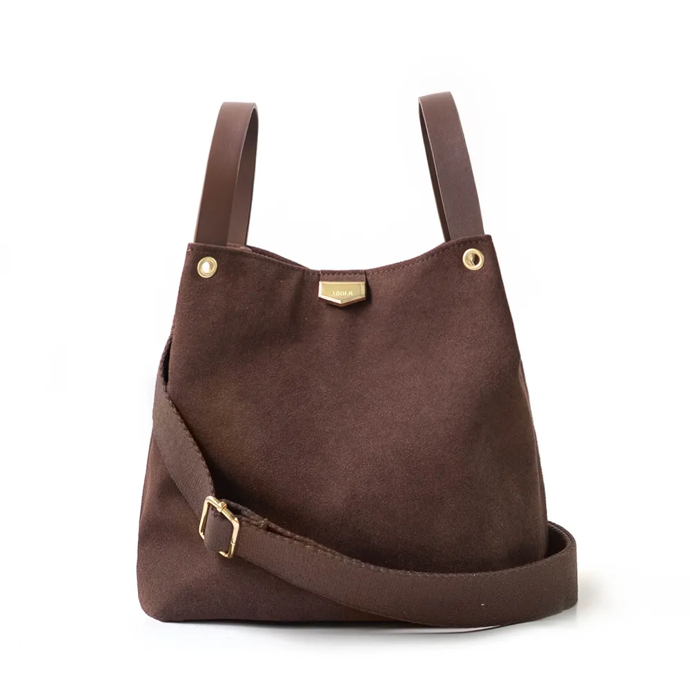 ADOLE Lab流蘇麂皮/ 可調式棉織帶小水桶包 可可色(加贈內袋、流蘇吊飾)